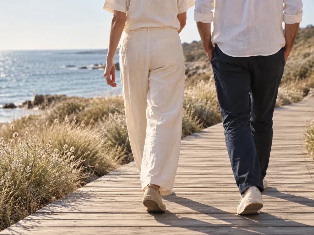 Illustrative detail of two people walking along a coastal boardwalk