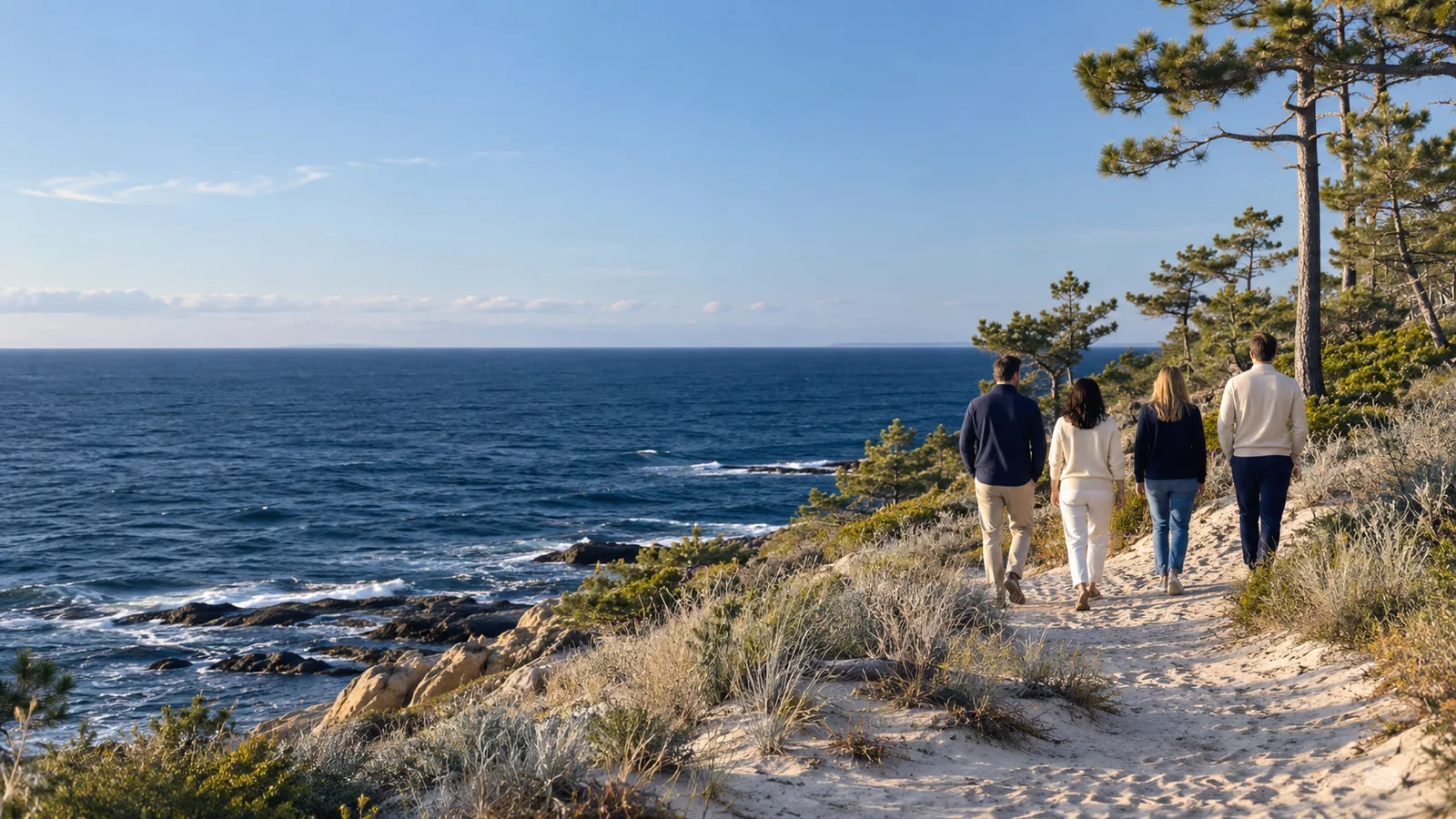 Illustrative scene of four people walking together along a coastal trail