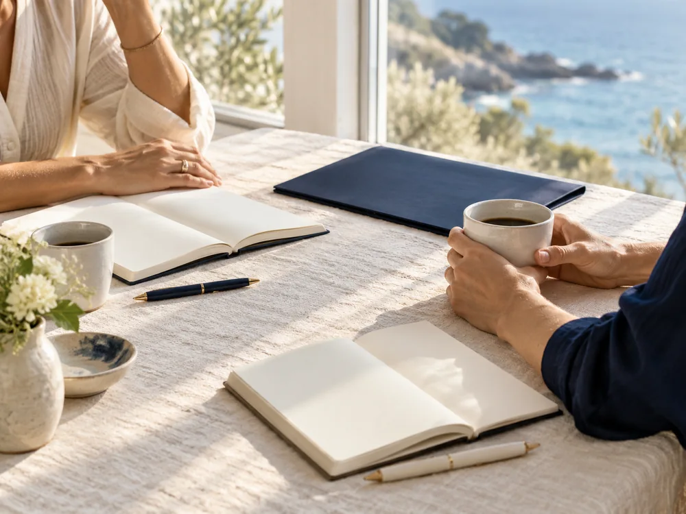 Illustrative scene of an informal conversation over notebooks and coffee by the coast